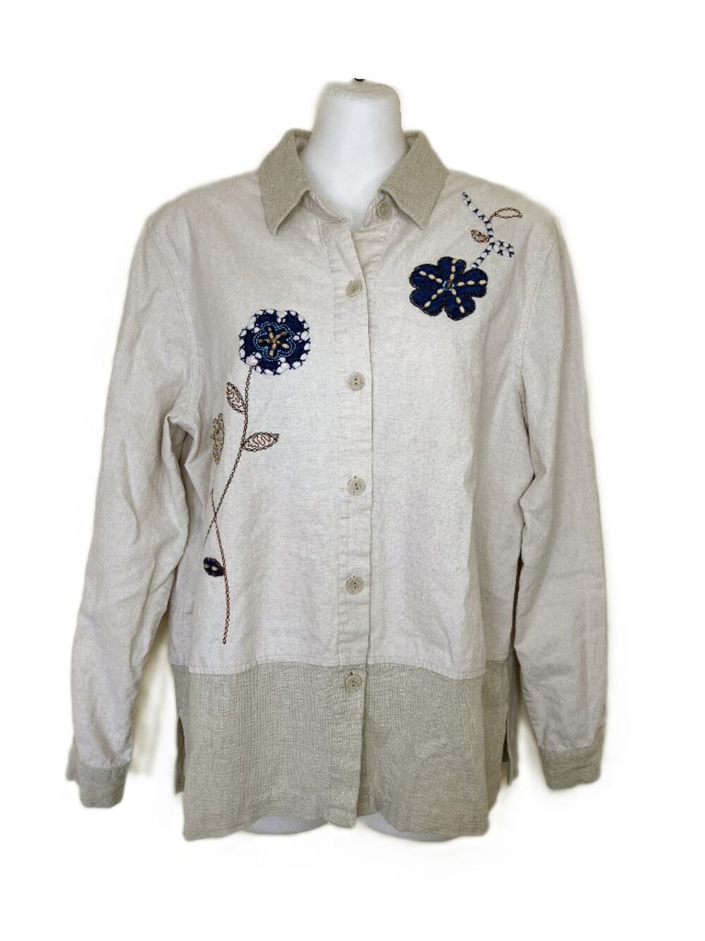 Linen Blend Button Up Shirt with Flower Applique Embroidery Beige Women's XL